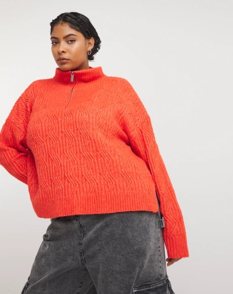 Native Youth Zip Up Funnle Neck Cable Knit Jumper With Dropped Shoulder Size 24 RRP £45