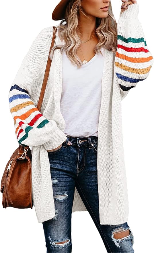 Long Sleeve Open Front Rainbow Striped Oversized Cardigan | Cream | Size Small | RRP £32.99