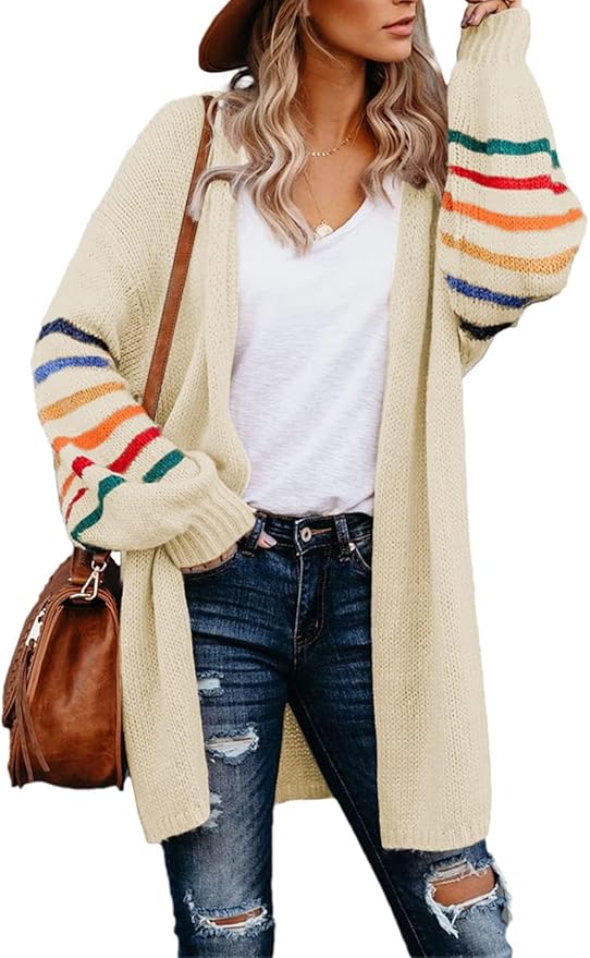 Long Sleeve Open Front Rainbow Striped Oversized Cardigan | Beige | Size Small | RRP £32.99