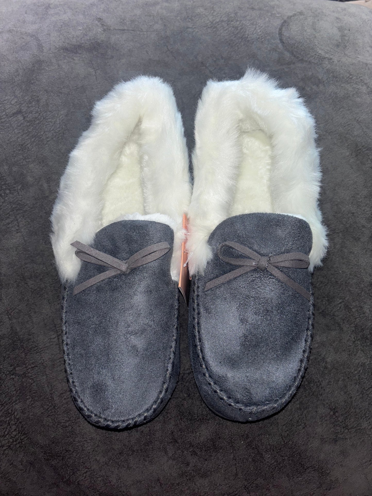 Faux Fur Lined Suede Memory Foam House Slippers Grey Size UK 9 EU 42