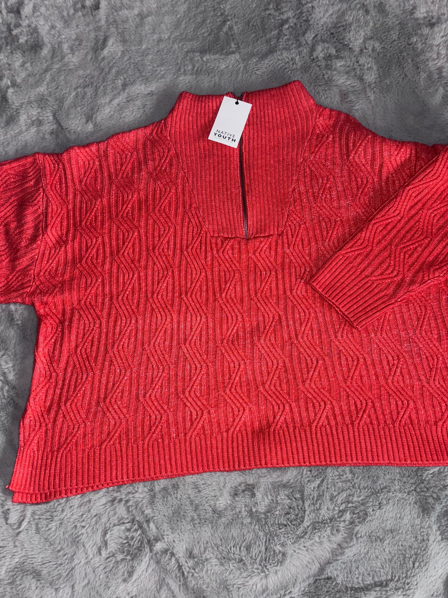 Native Youth Zip Up Funnle Neck Cable Knit Jumper With Dropped Shoulder Size 24 RRP £45