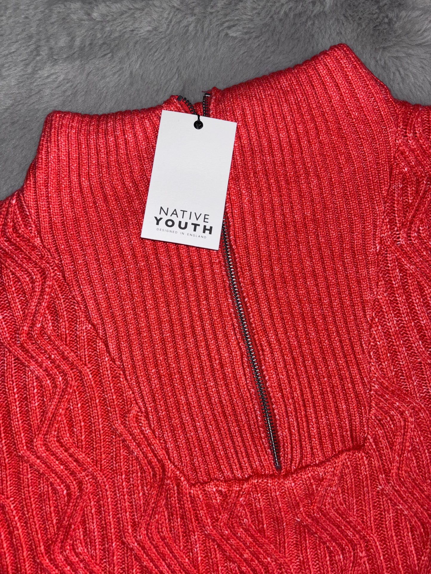 Native Youth Zip Up Funnle Neck Cable Knit Jumper With Dropped Shoulder Size 24 RRP £45