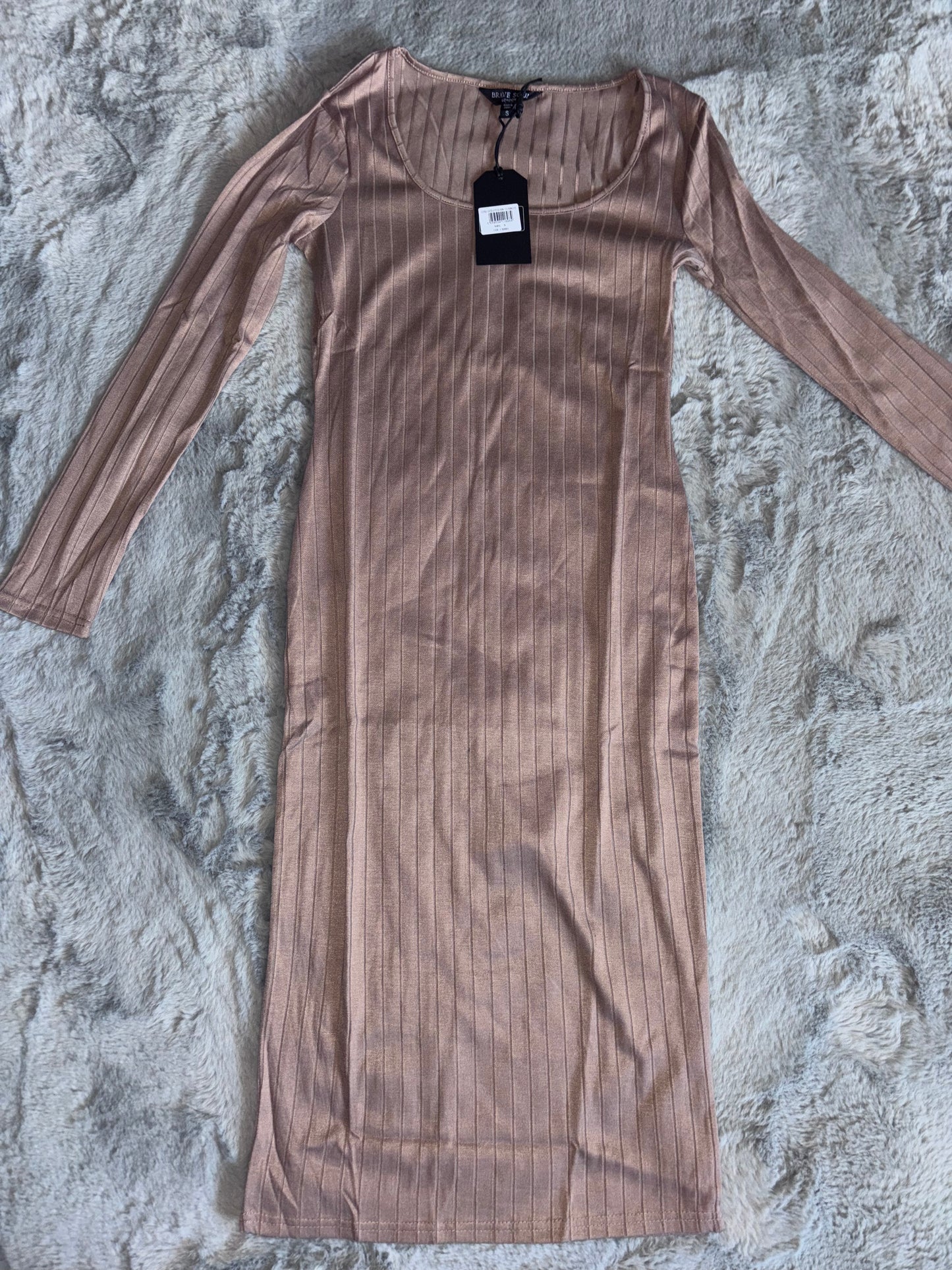 Brave Soul Jersey Rib Long Sleeve Midi Dress Camel Size Small BNWT RRP £32