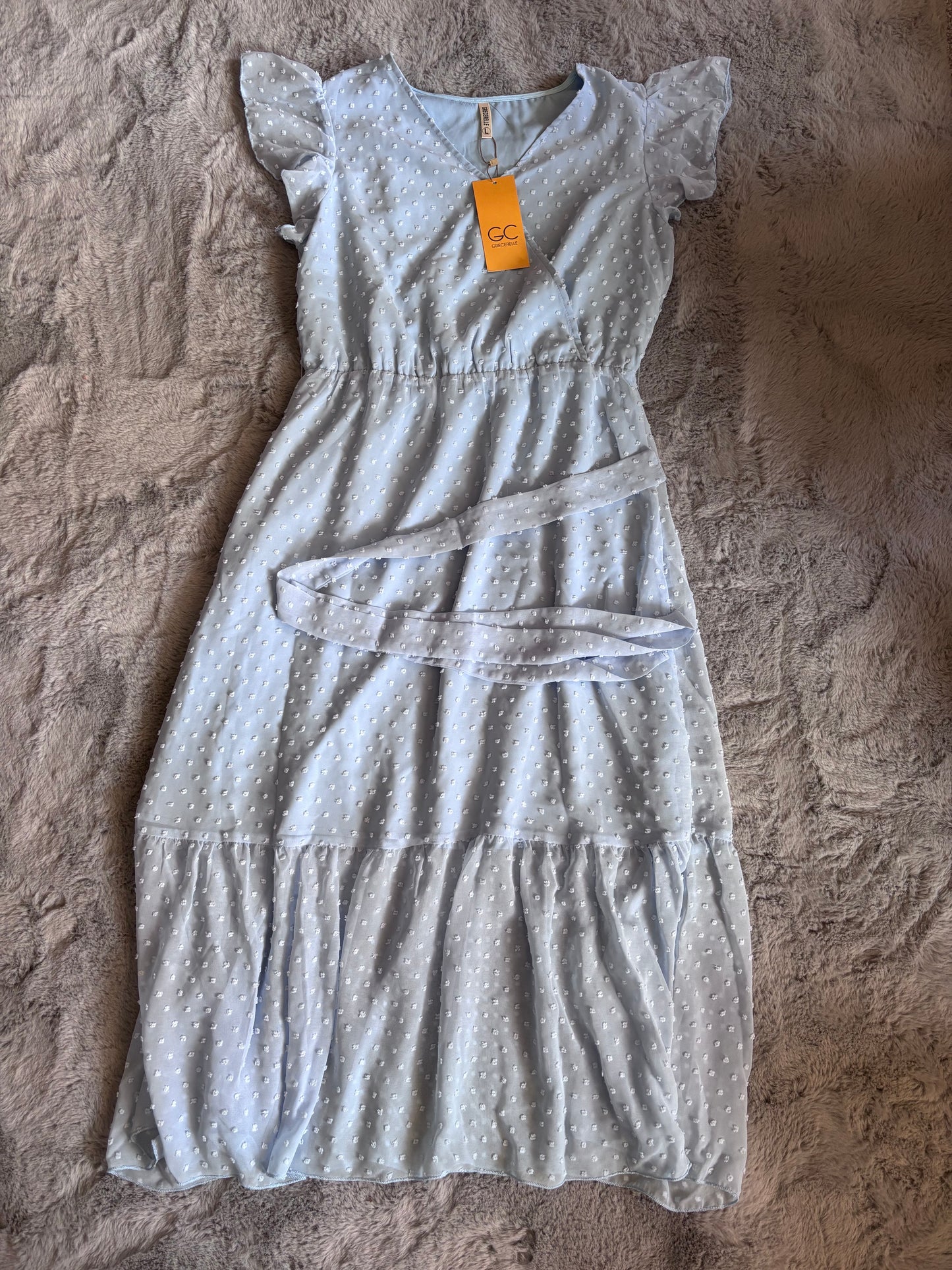 BNWT GRECERELLE Womens Summer Wrap Maxi Dress Swiss Dot Light Blue Size L (16-18) RRP £23.99