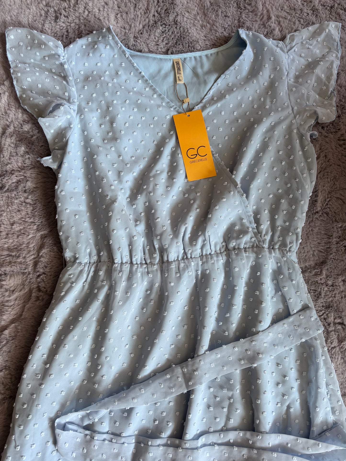 BNWT GRECERELLE Womens Summer Wrap Maxi Dress Swiss Dot Light Blue Size L (16-18) RRP £23.99
