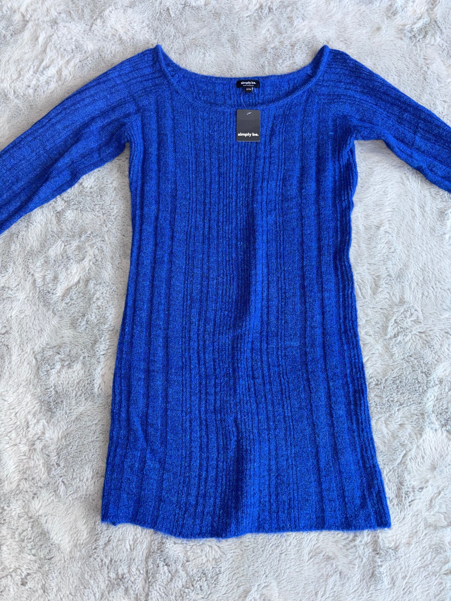Simply Be Cobalt Blue Rib Slash Neck Knitted Mini Dress Size 12-14 RRP £35