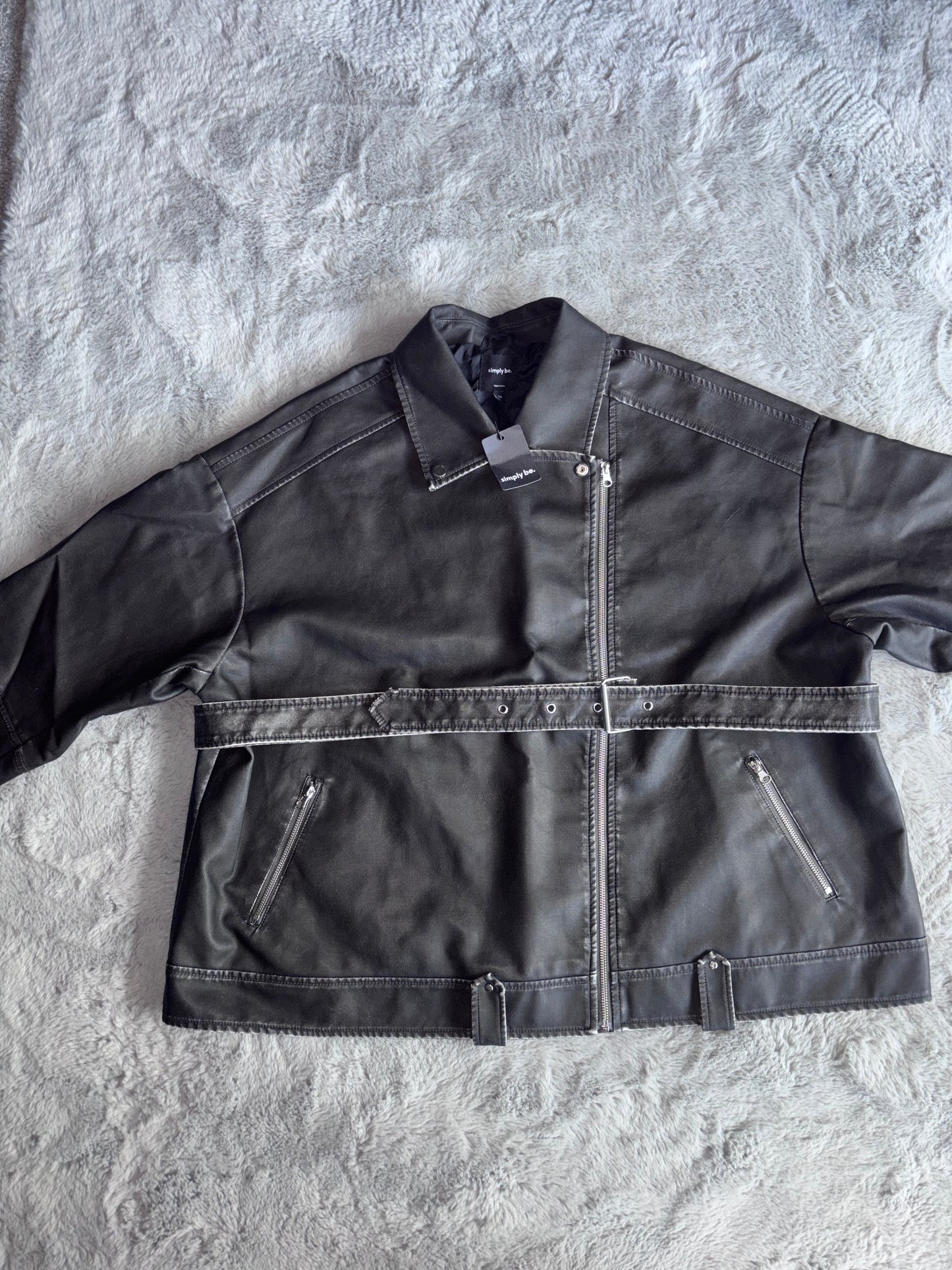 Simply Be Black Worn Look Oversized Biker Jacket Size 24 RRP £62