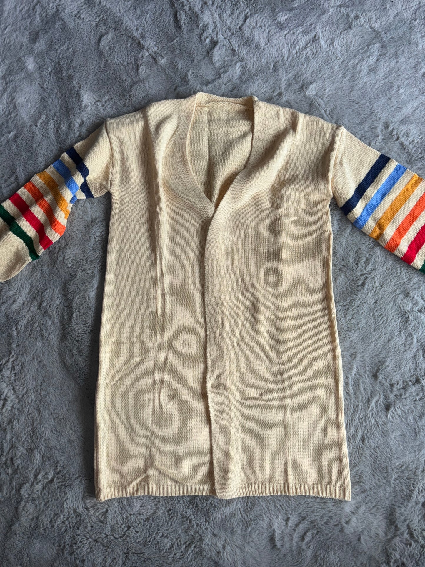 Long Sleeve Open Front Rainbow Striped Oversized Cardigan | Beige | Size Small | RRP £32.99