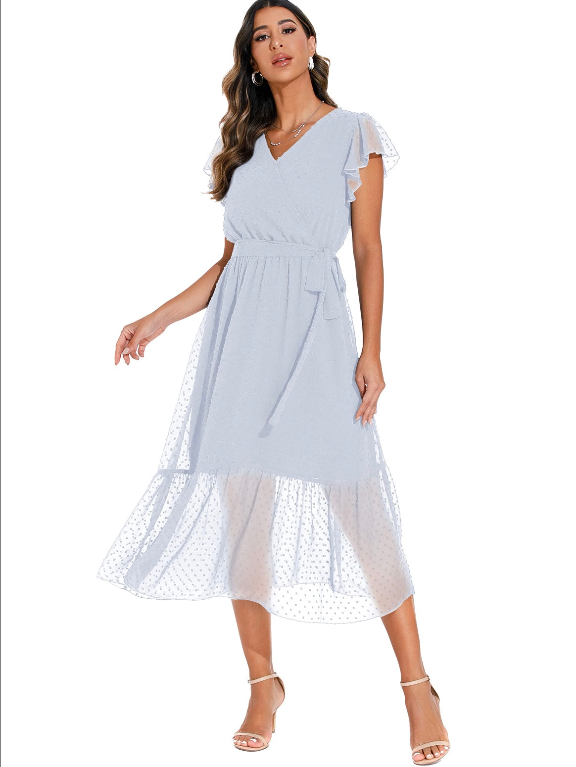 BNWT GRECERELLE Womens Summer Wrap Maxi Dress Swiss Dot Light Blue Size L (16-18) RRP £23.99