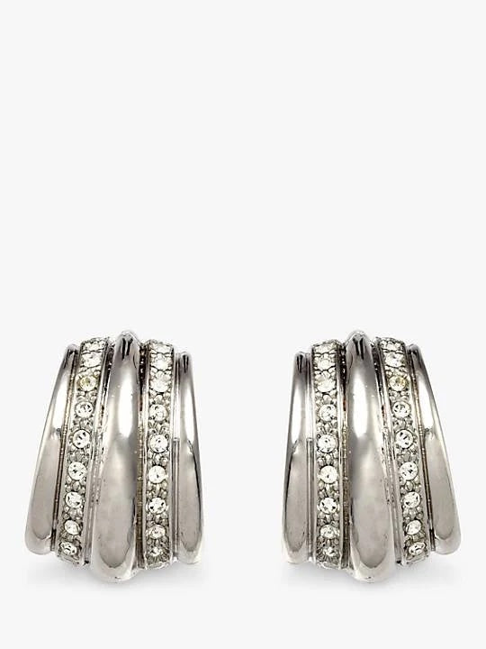 Eclectica Vintage Rhodium Plated Swarovski Crystal Demi Hoop Clip-On Earrings
