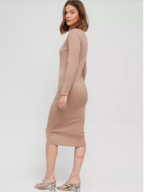 Brave Soul Jersey Rib Long Sleeve Midi Dress Camel Size Small BNWT RRP £32
