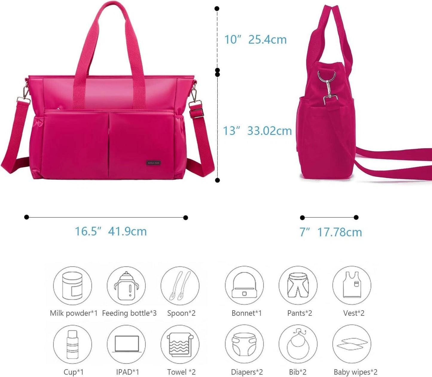 Royal Fair Nappy Changing Bag Travel Tote Bag With Pram Clips (Medium) Bright Pink RRP £82