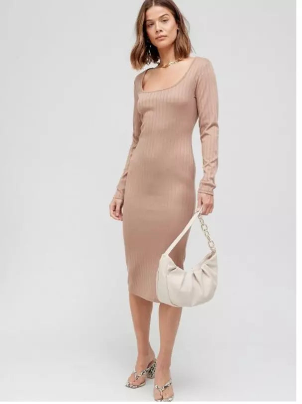 Brave Soul Jersey Rib Long Sleeve Midi Dress Camel Size Small BNWT RRP £32