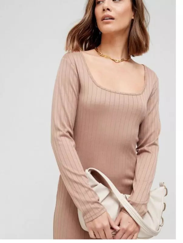 Brave Soul Jersey Rib Long Sleeve Midi Dress Camel Size Small BNWT RRP £32