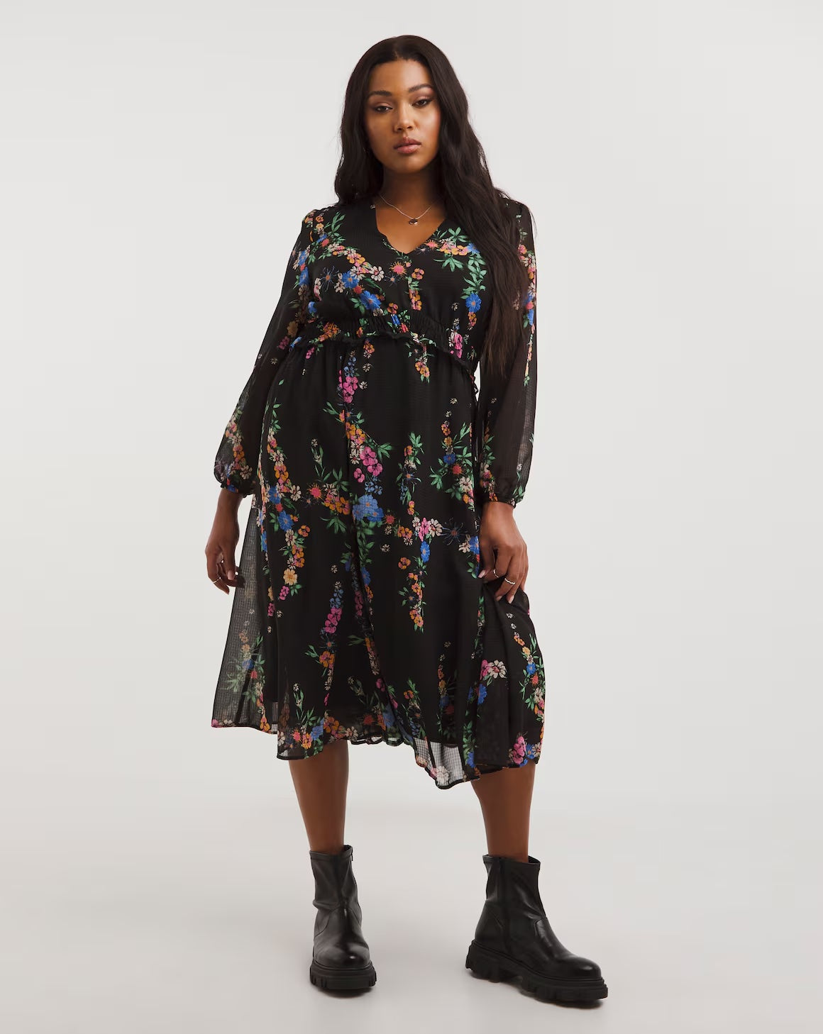 Simply Be Floral Print Long Sleeve Frill Tiered Midi Dress Size 24 RRP £62