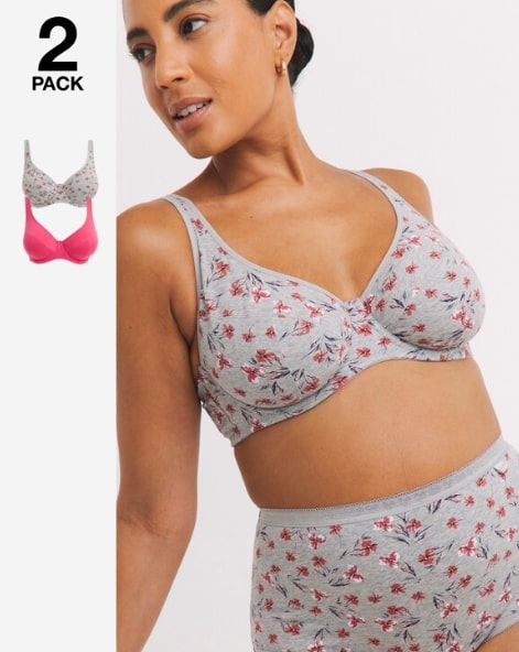 Slimma 2 Pack Cotton Wired Full Cup 40D Grey Floral/Pink RRP £28