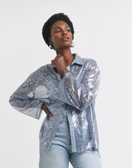 Sequin Relaxed Shirt - Blue Size 20
