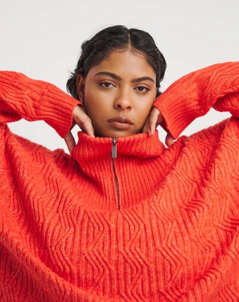 Native Youth Zip Up Funnle Neck Cable Knit Jumper With Dropped Shoulder Size 24 RRP £45