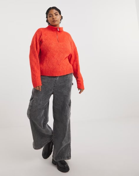 Native Youth Zip Up Funnle Neck Cable Knit Jumper With Dropped Shoulder Size 24 RRP £45
