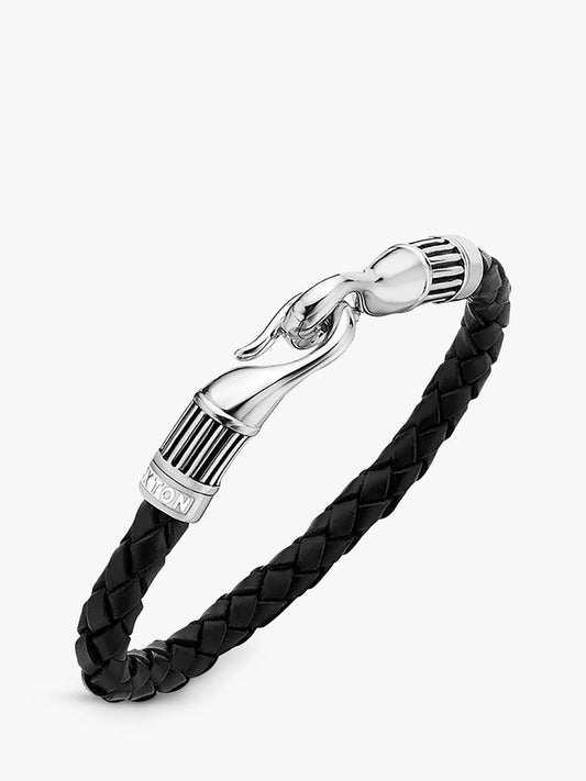 Hoxton London Men's Braided Leather Ribbed Hook Bracelet, Black/Silver RRP £168