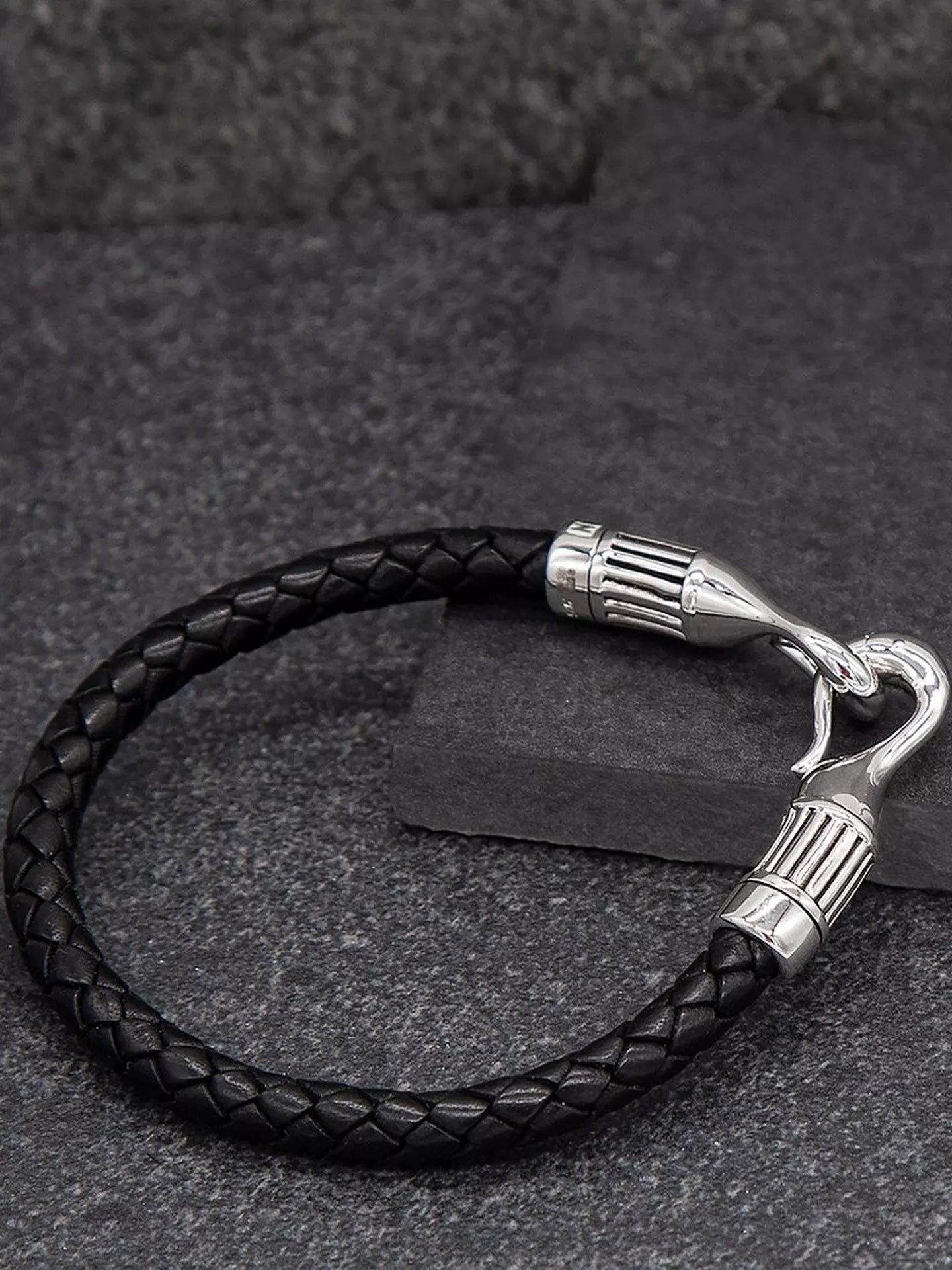 Hoxton London Men's Braided Leather Ribbed Hook Bracelet, Black/Silver RRP £168