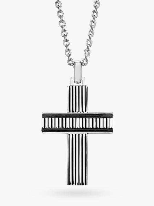 Hoxton London Men's Leather Ribbed Cross Pendant Necklace, Silver RRP £211