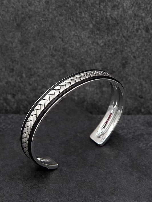 Hoxton London Men's Herringbone Leather Inlay Cuff Bangle, Silver/Black RRP £265