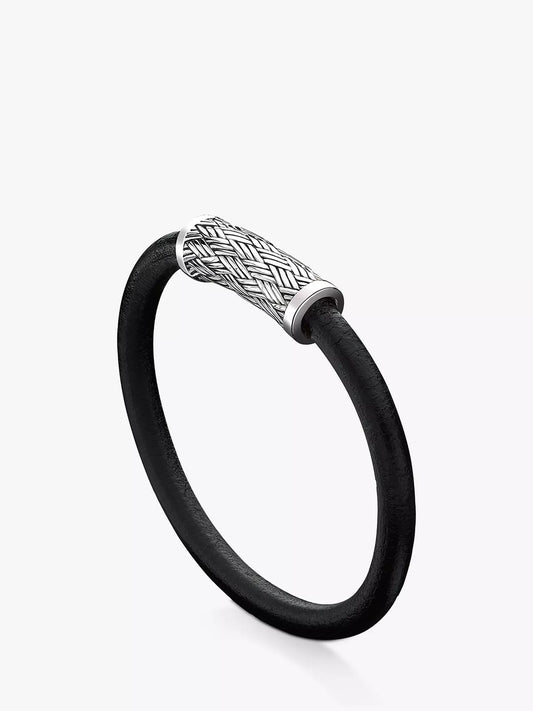 Hoxton London Men's Woven Silver & Leather Bracelet, Black/Silver RRP £183