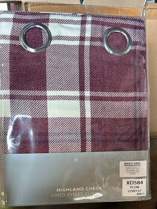 Highland Check Lined Eyelet Curtains Plum 229x137 cms RRP £58