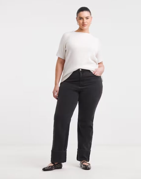 Black Turn Up Hem Straight Leg Jeans Size 24 RRP £35