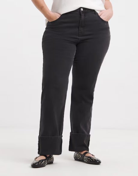 Black Turn Up Hem Straight Leg Jeans Size 24 RRP £35