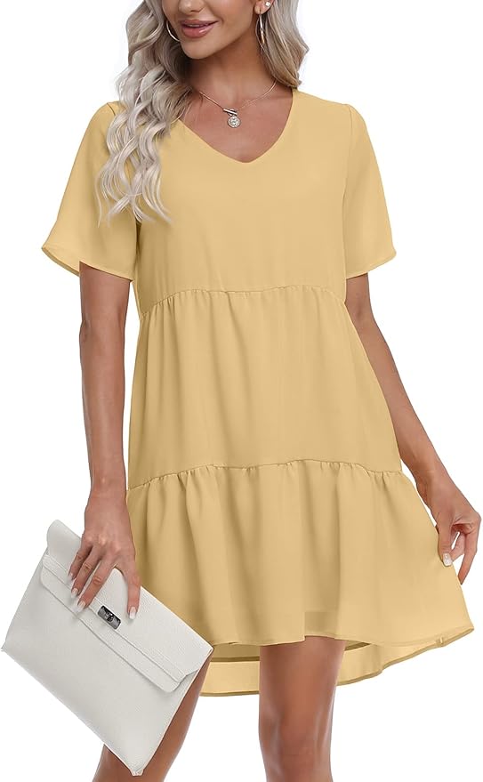 Amazon Summer Tunic Dress V Neck Casual Loose Flowy Swing Shift Dress Beige Size Large RRP £18.98