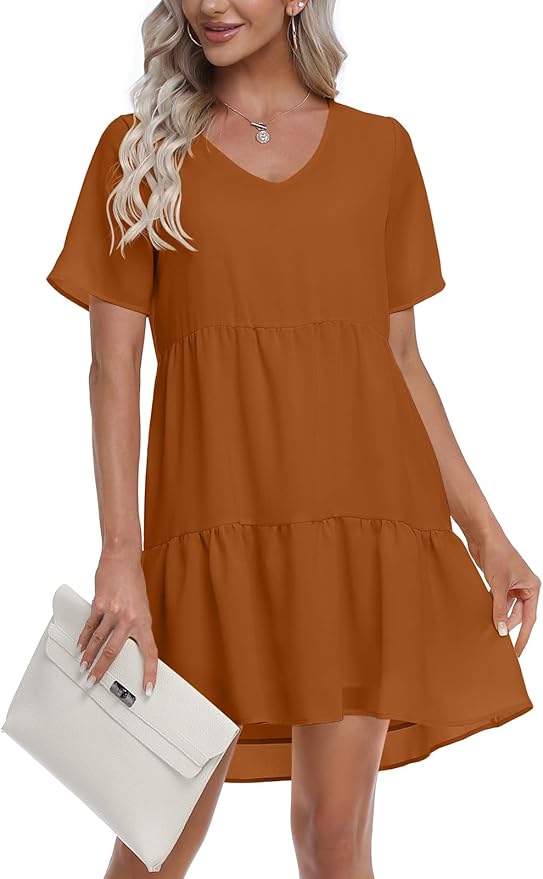 Amazon Summer Tunic Dress V Neck Casual Loose Flowy Swing Shift Dress Rust Size Large RRP £18.98