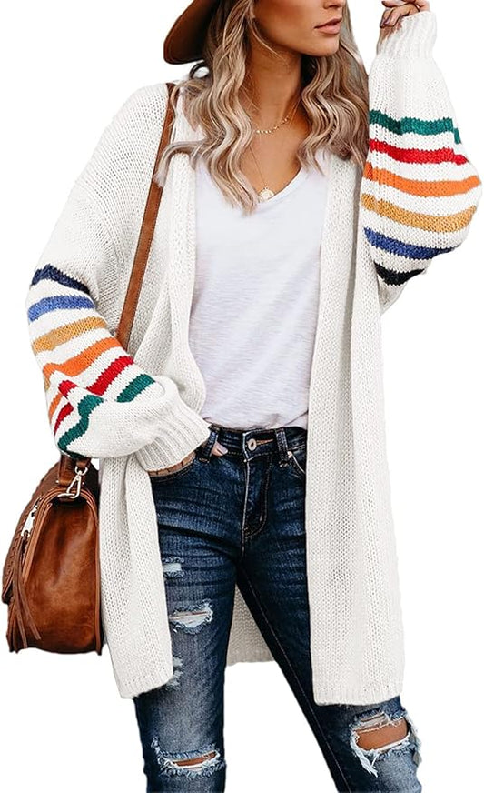 Long Sleeve Open Front Rainbow Striped Oversized Cardigan | Cream | Size Small | RRP £32.99
