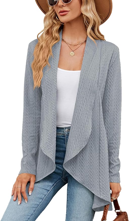 Amazon Open Front Oversized Long Sleeve Waterfall Knit Solid Cardigan | Blue/Grey | Size Small | RRP £20.89