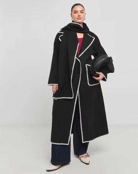 Black Blanket Stitch Maxi Scarf Coat Size 18