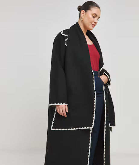 Black Blanket Stitch Maxi Scarf Coat Size 18