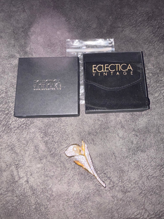 Eclectica Vintage Swarovski Crystal Pearl & Enamel Lily Brooch, Dated Circa 1980 RRP £225