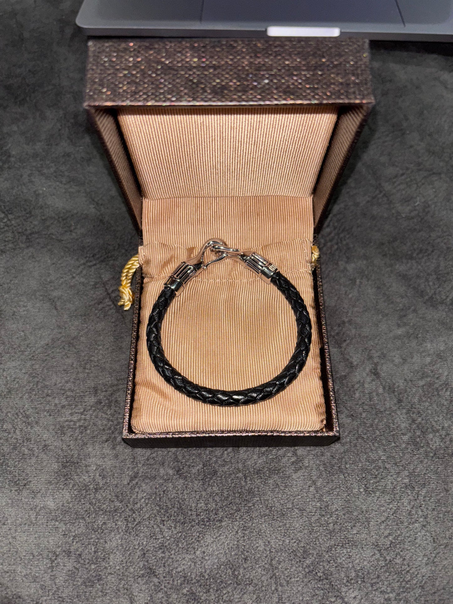 Hoxton London Men's Braided Leather Ribbed Hook Bracelet, Black/Silver RRP £168