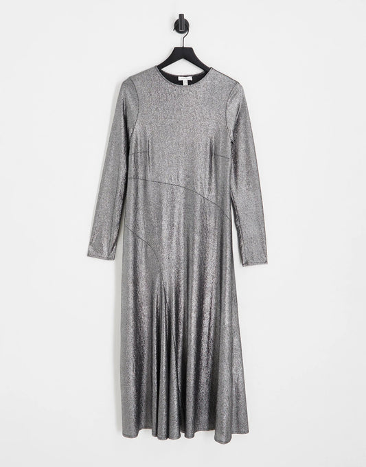 Topshop Curve Metallic Cut and Sew Maxi Dress Size 22 Silver RRP £65