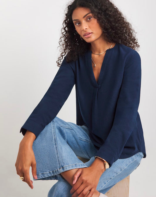 Womens Brushed Cotton V Neck Long Sleeve Blouse - Navy Size 20