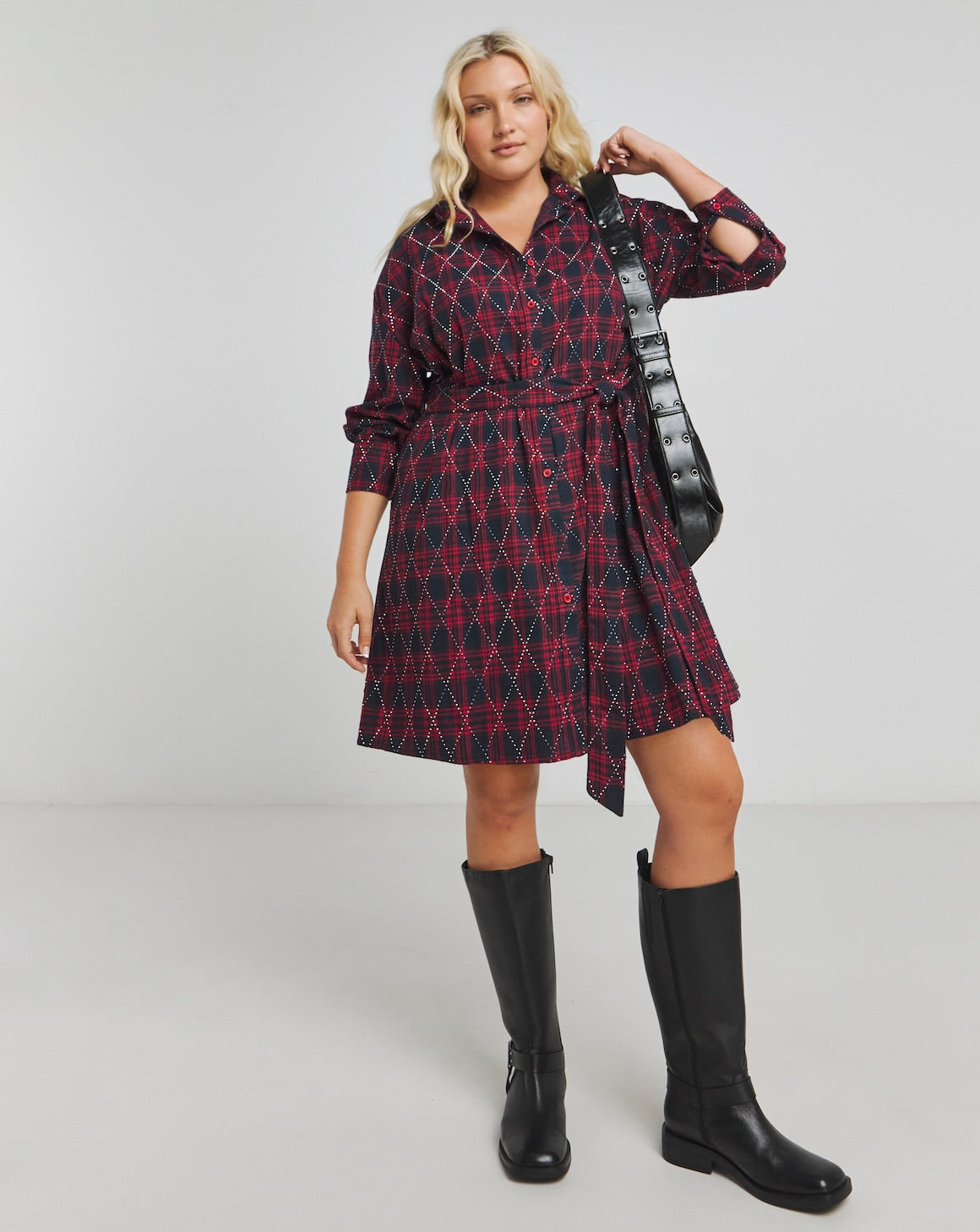 Red/Blue Checked Embellished Diamante Shirt Dress Size 24