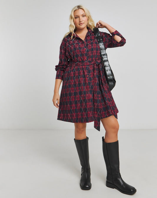 Red/Blue Checked Embellished Diamante Shirt Dress Size 24