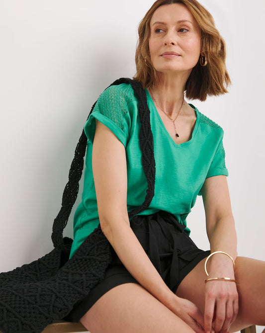 Green V Neck Lace Insert T-shirt Size 26 RRP £15