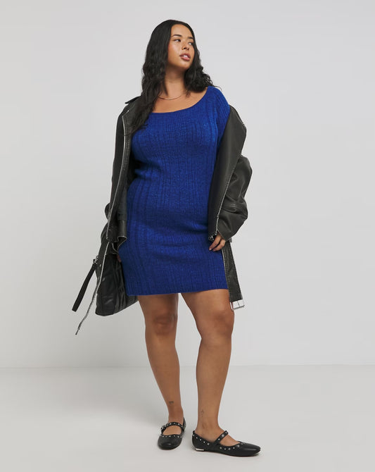 Simply Be Cobalt Blue Rib Slash Neck Knitted Mini Dress Size 12-14 RRP £35