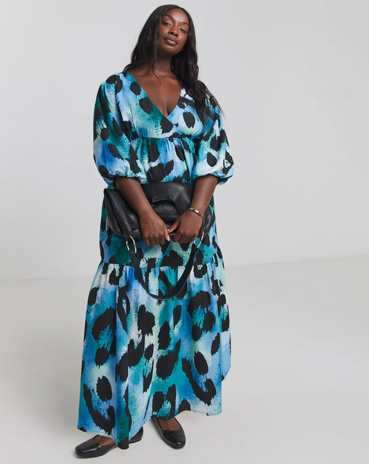 Blue Animal Textured Balloon Sleeve Maxi Dress Size 20 RRP £50