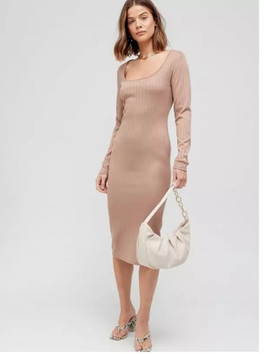 Brave Soul Jersey Rib Long Sleeve Midi Dress Camel Size Small BNWT RRP £32