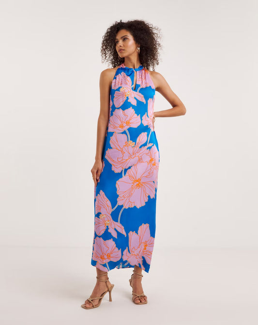 Ro&Zo Oriental Floral Satin Twist Halter Neck Dress Size 18 RRP £81.20