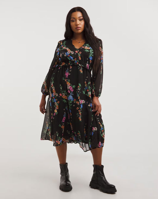 Simply Be Floral Print Long Sleeve Frill Tiered Midi Dress Size 24 RRP £62